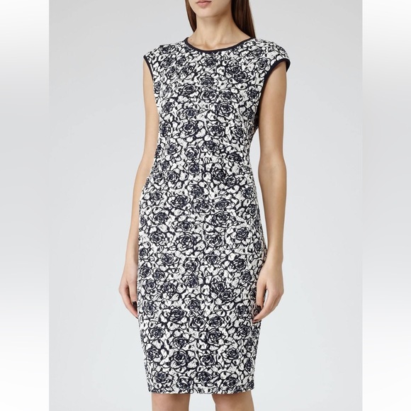 REISS Size 6 Ralli Sheath Dress Lace Allover Stretch Blue White Ruched Waist - Picture 4 of 16